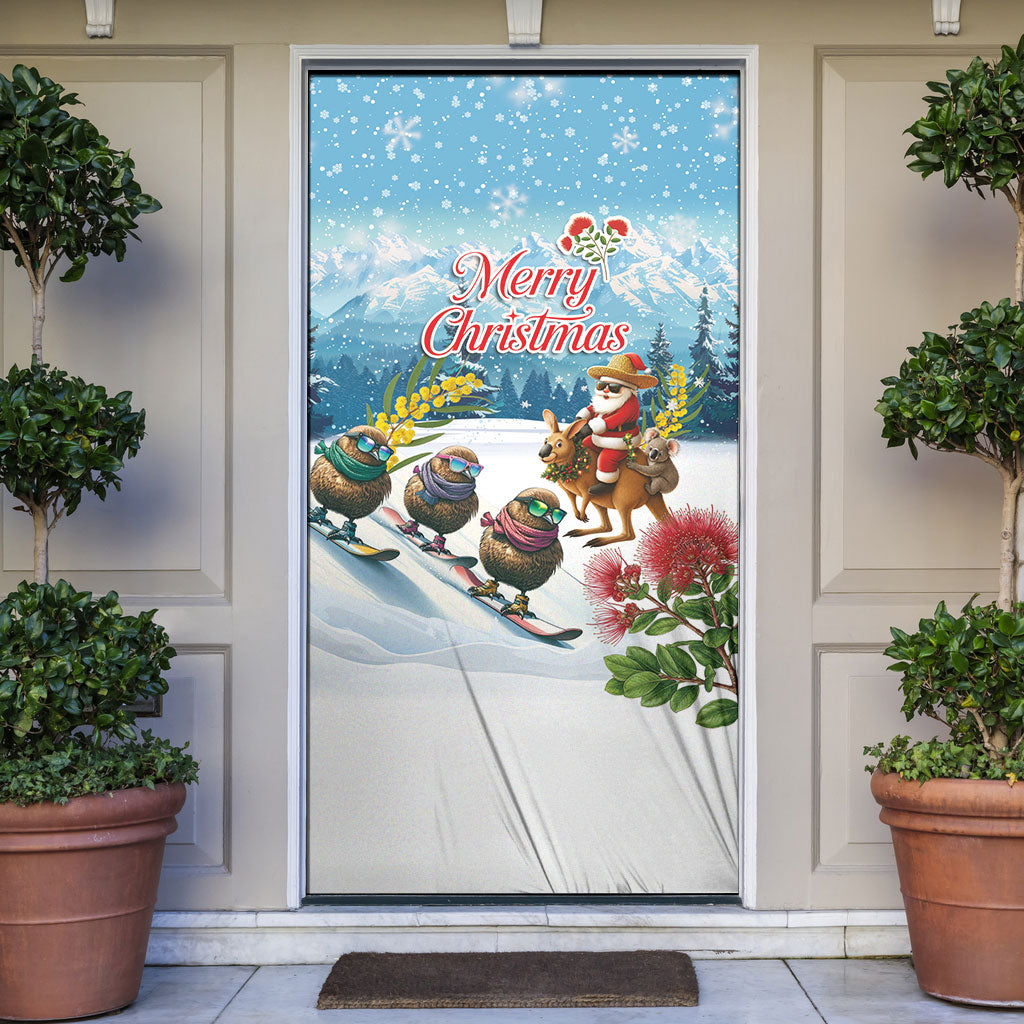 New Zealand and Australia Merry Christmas Door Cover Kiwi Birds Skiing and Koala Santa Riding Kangaroo