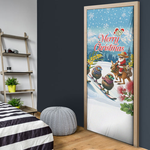 New Zealand and Australia Merry Christmas Door Cover Kiwi Birds Skiing and Koala Santa Riding Kangaroo