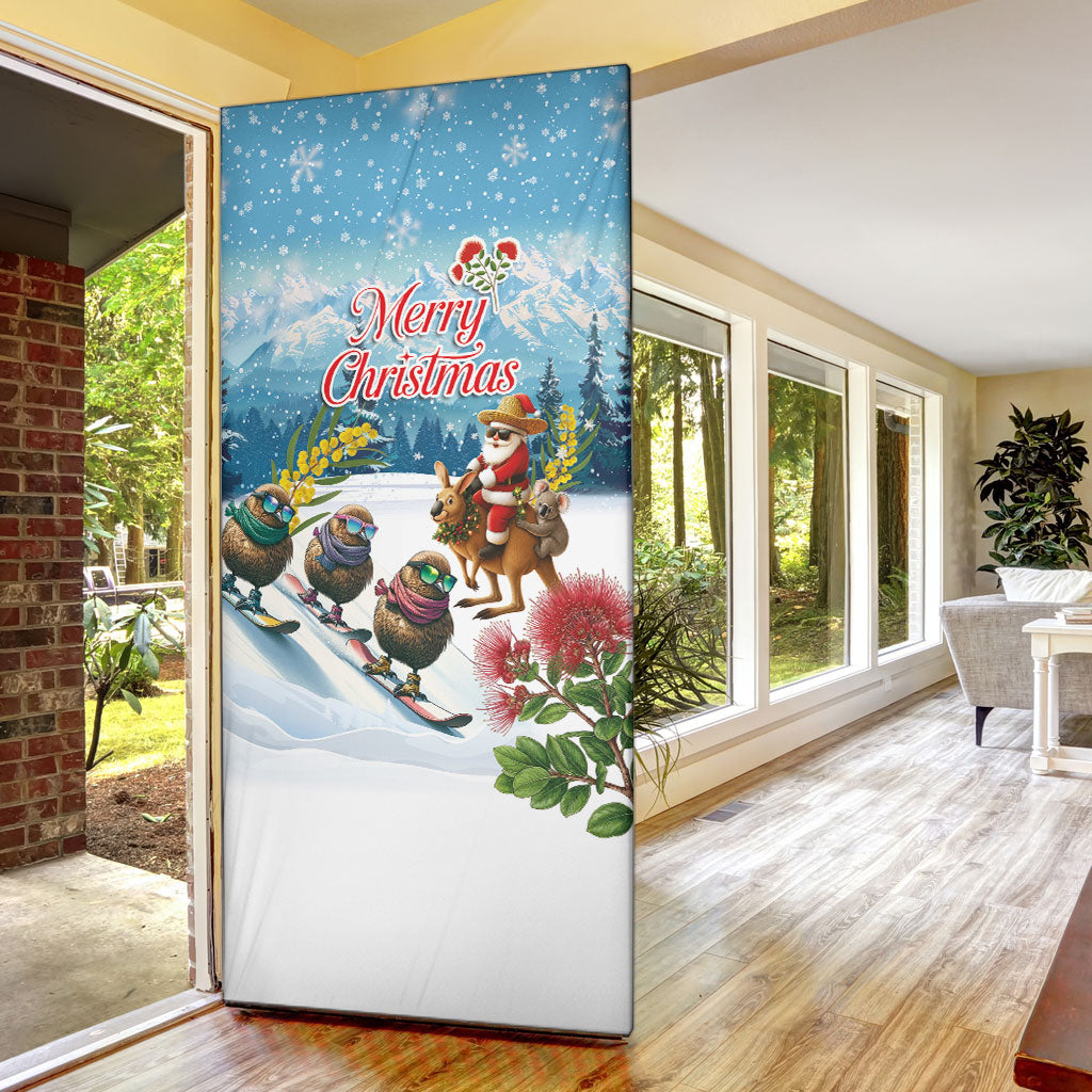 New Zealand and Australia Merry Christmas Door Cover Kiwi Birds Skiing and Koala Santa Riding Kangaroo