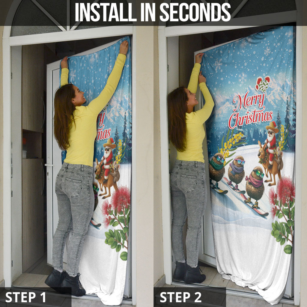 New Zealand and Australia Merry Christmas Door Cover Kiwi Birds Skiing and Koala Santa Riding Kangaroo