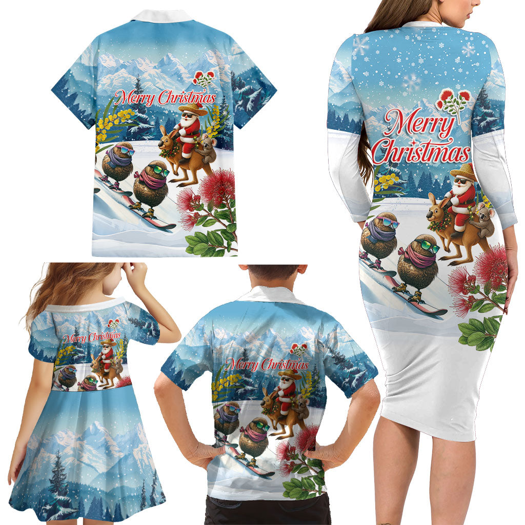 New Zealand and Australia Merry Christmas Family Matching Long Sleeve Bodycon Dress and Hawaiian Shirt Kiwi Birds Skiing and Koala Santa Riding Kangaroo