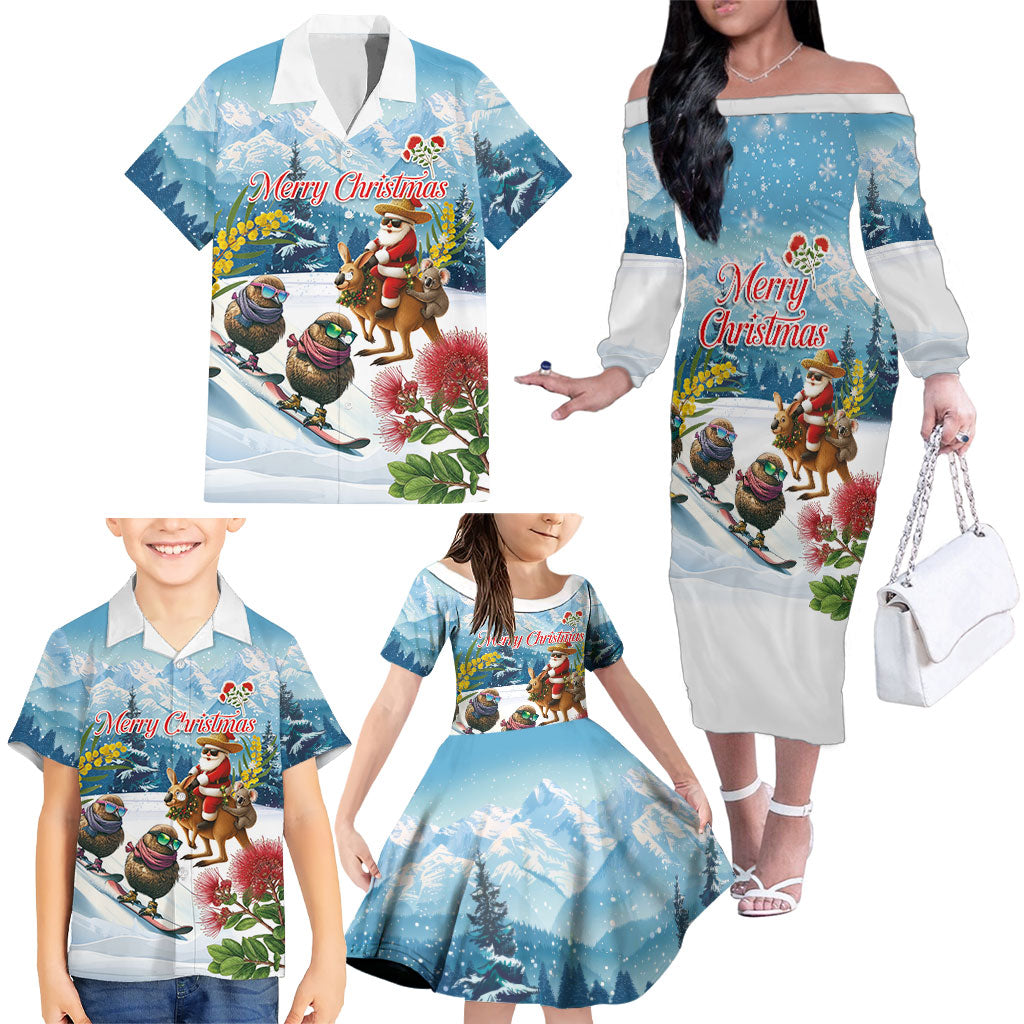 New Zealand and Australia Merry Christmas Family Matching Off The Shoulder Long Sleeve Dress and Hawaiian Shirt Kiwi Birds Skiing and Koala Santa Riding Kangaroo