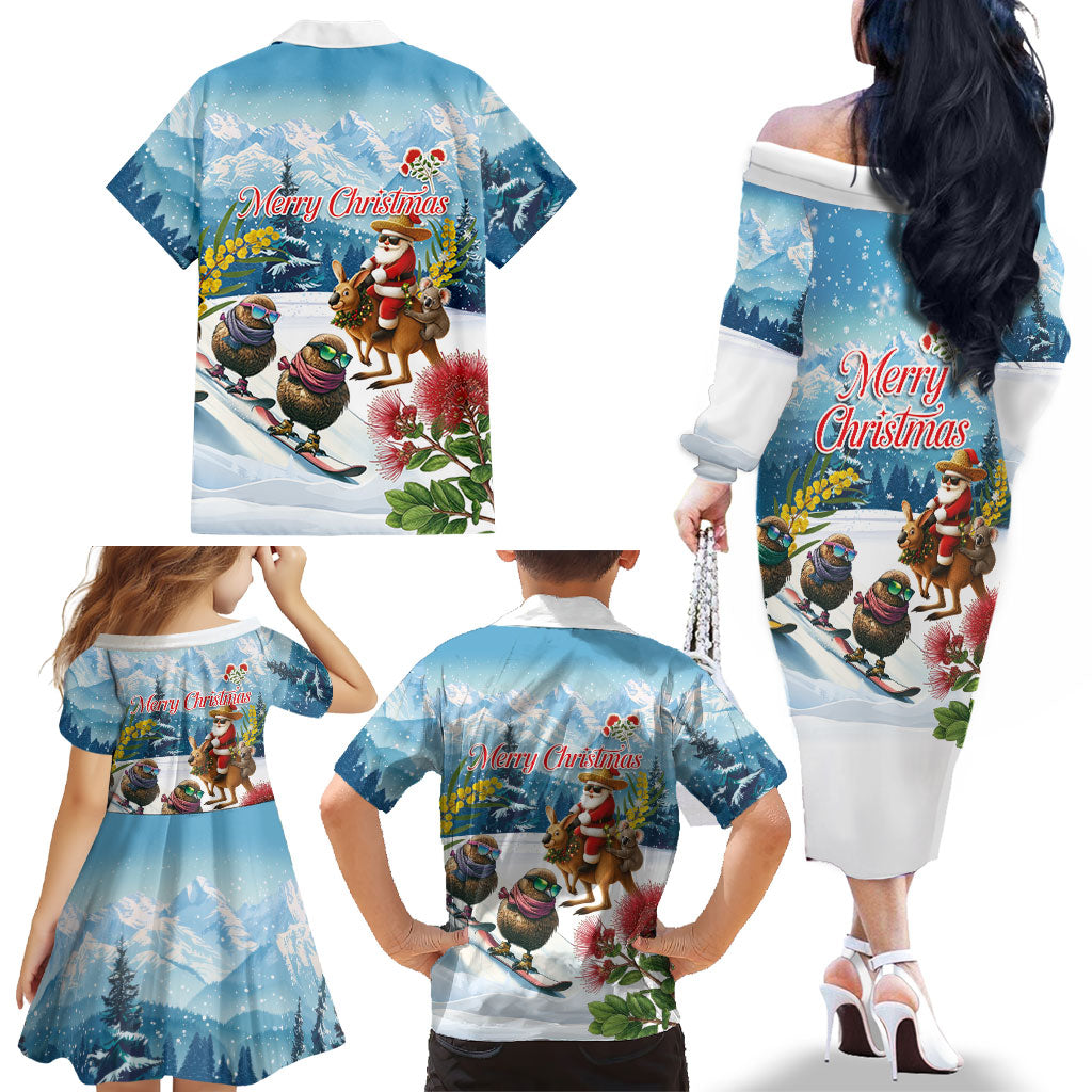 New Zealand and Australia Merry Christmas Family Matching Off The Shoulder Long Sleeve Dress and Hawaiian Shirt Kiwi Birds Skiing and Koala Santa Riding Kangaroo