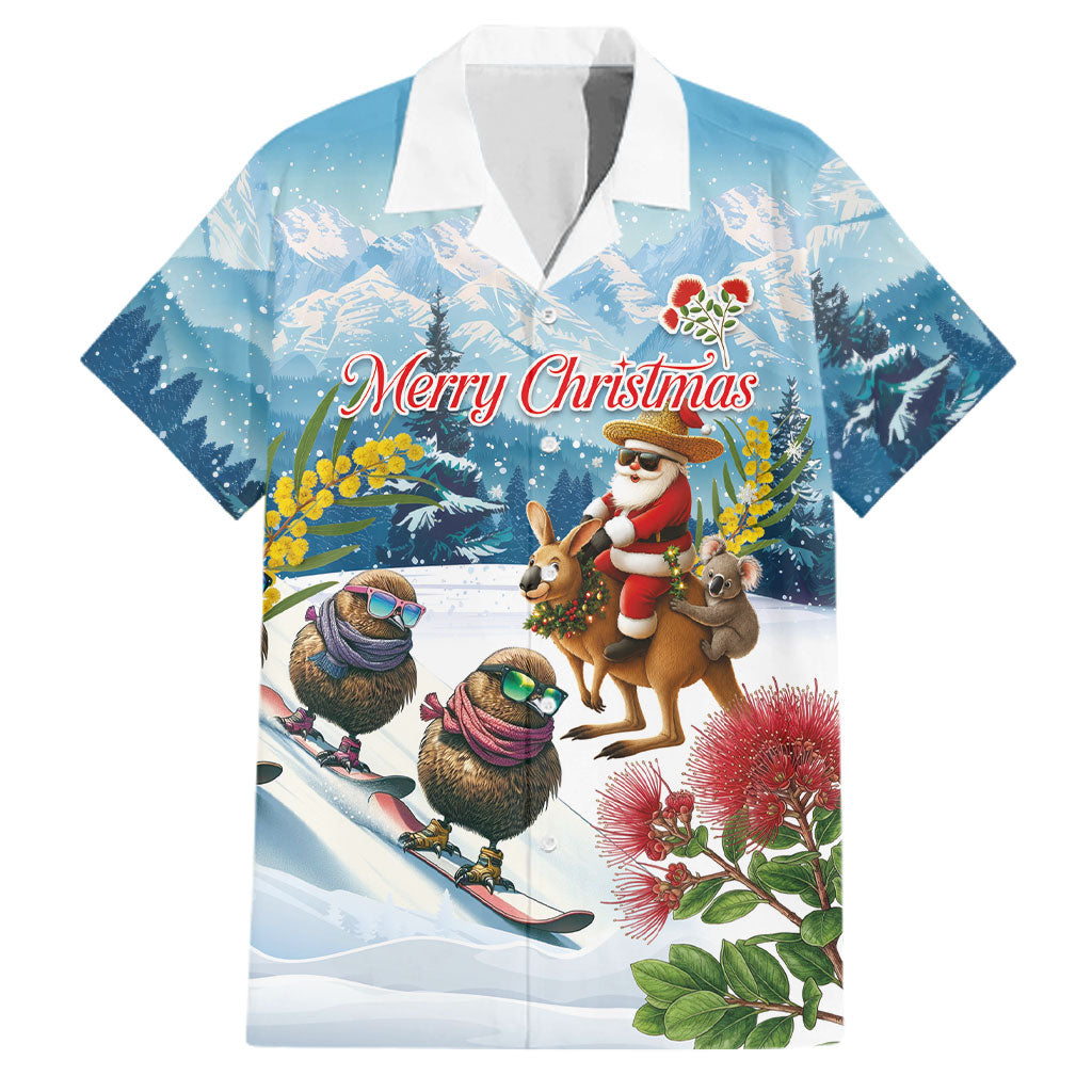 New Zealand and Australia Merry Christmas Family Matching Off The Shoulder Long Sleeve Dress and Hawaiian Shirt Kiwi Birds Skiing and Koala Santa Riding Kangaroo