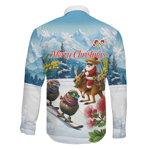 New Zealand and Australia Merry Christmas Family Matching Off The Shoulder Long Sleeve Dress and Hawaiian Shirt Kiwi Birds Skiing and Koala Santa Riding Kangaroo
