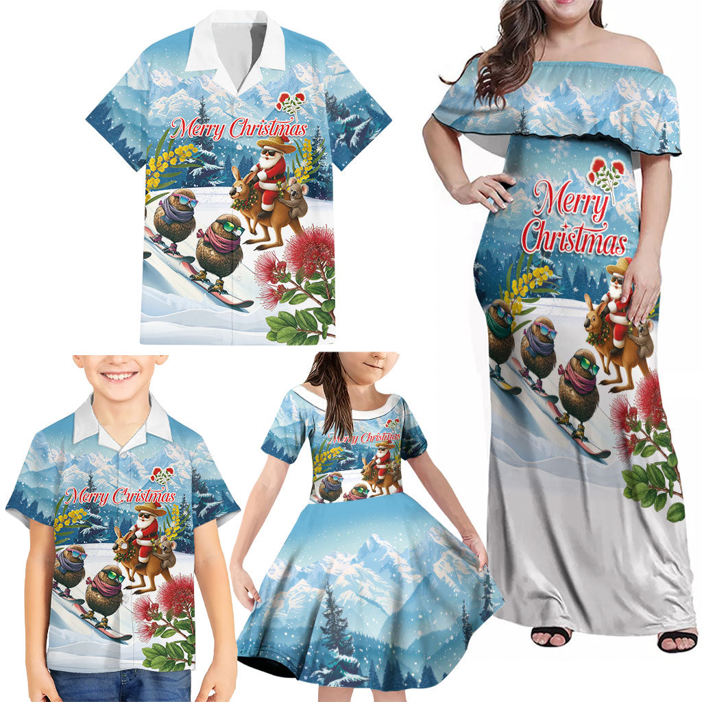 New Zealand and Australia Merry Christmas Family Matching Off Shoulder Maxi Dress and Hawaiian Shirt Kiwi Birds Skiing and Koala Santa Riding Kangaroo
