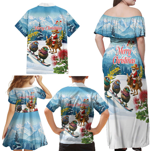 New Zealand and Australia Merry Christmas Family Matching Off Shoulder Maxi Dress and Hawaiian Shirt Kiwi Birds Skiing and Koala Santa Riding Kangaroo