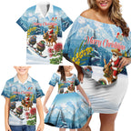 New Zealand and Australia Merry Christmas Family Matching Off Shoulder Short Dress and Hawaiian Shirt Kiwi Birds Skiing and Koala Santa Riding Kangaroo