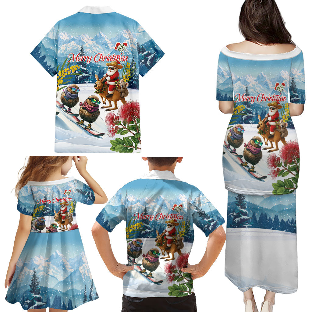 New Zealand and Australia Merry Christmas Family Matching Puletasi and Hawaiian Shirt Kiwi Birds Skiing and Koala Santa Riding Kangaroo