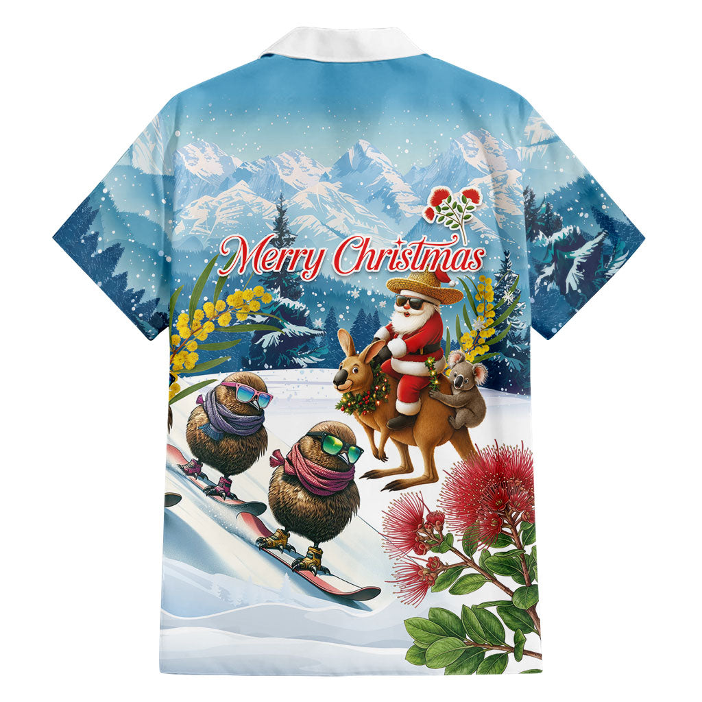 New Zealand and Australia Merry Christmas Family Matching Puletasi and Hawaiian Shirt Kiwi Birds Skiing and Koala Santa Riding Kangaroo