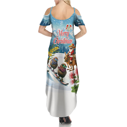 New Zealand and Australia Merry Christmas Family Matching Summer Maxi Dress and Hawaiian Shirt Kiwi Birds Skiing and Koala Santa Riding Kangaroo