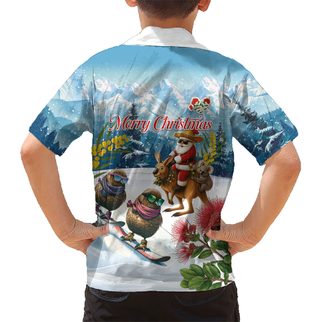 New Zealand and Australia Merry Christmas Family Matching Tank Maxi Dress and Hawaiian Shirt Kiwi Birds Skiing and Koala Santa Riding Kangaroo