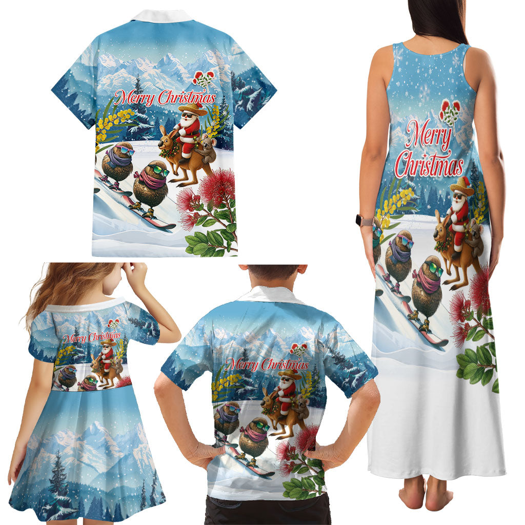 New Zealand and Australia Merry Christmas Family Matching Tank Maxi Dress and Hawaiian Shirt Kiwi Birds Skiing and Koala Santa Riding Kangaroo