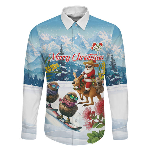 New Zealand and Australia Merry Christmas Family Matching Tank Maxi Dress and Hawaiian Shirt Kiwi Birds Skiing and Koala Santa Riding Kangaroo