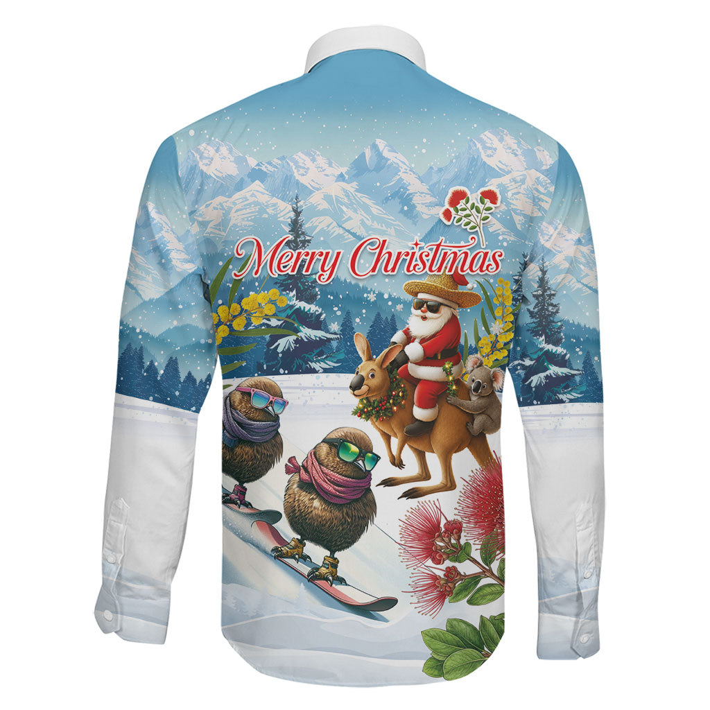 New Zealand and Australia Merry Christmas Family Matching Tank Maxi Dress and Hawaiian Shirt Kiwi Birds Skiing and Koala Santa Riding Kangaroo