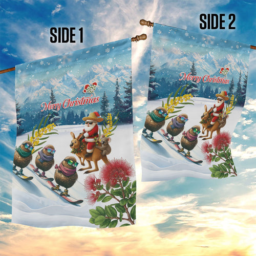 New Zealand and Australia Merry Christmas Garden Flag Kiwi Birds Skiing and Koala Santa Riding Kangaroo