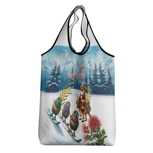 New Zealand and Australia Merry Christmas Grocery Bag Kiwi Birds Skiing and Koala Santa Riding Kangaroo