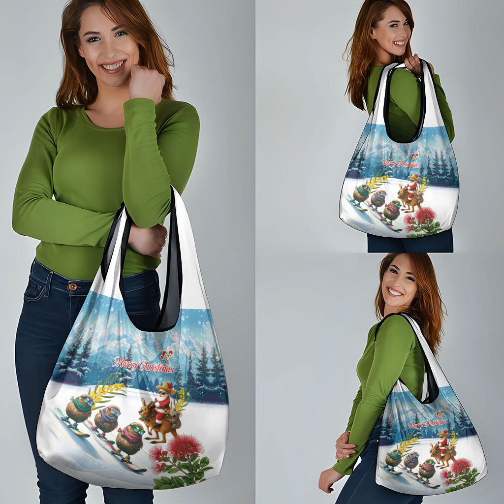 New Zealand and Australia Merry Christmas Grocery Bag Kiwi Birds Skiing and Koala Santa Riding Kangaroo