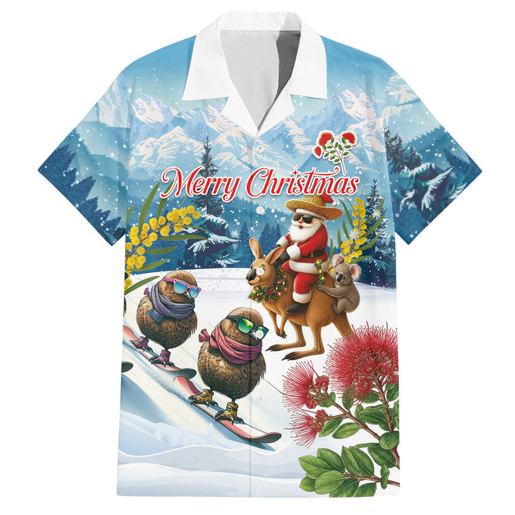 New Zealand and Australia Merry Christmas Hawaiian Shirt Kiwi Birds Skiing and Koala Santa Riding Kangaroo