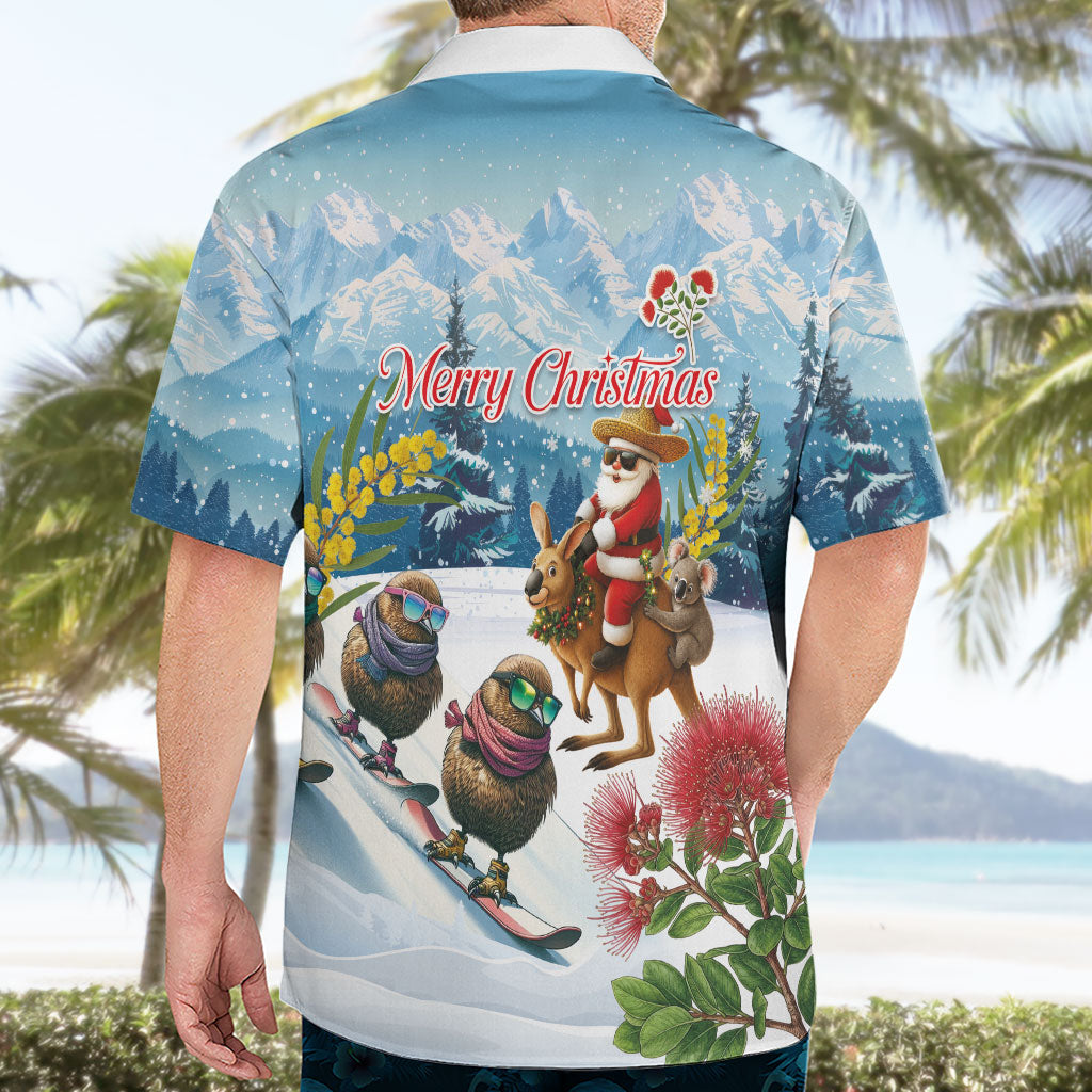 New Zealand and Australia Merry Christmas Hawaiian Shirt Kiwi Birds Skiing and Koala Santa Riding Kangaroo
