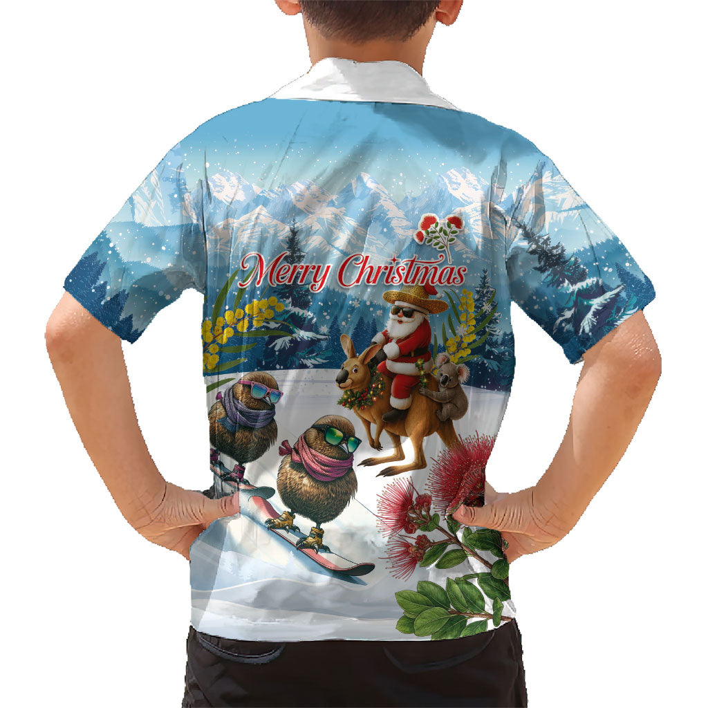 New Zealand and Australia Merry Christmas Hawaiian Shirt Kiwi Birds Skiing and Koala Santa Riding Kangaroo