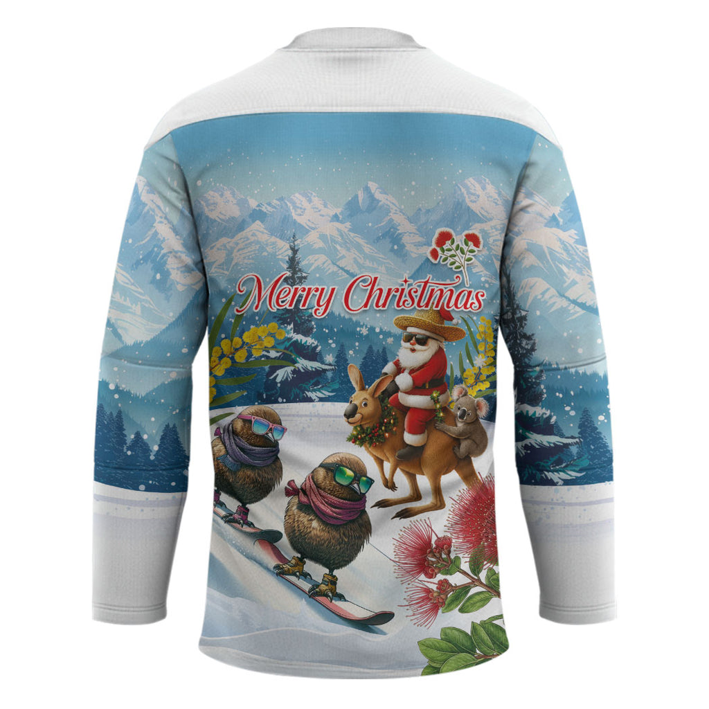 New Zealand and Australia Merry Christmas Hockey Jersey Kiwi Birds Skiing and Koala Santa Riding Kangaroo