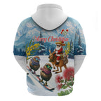 New Zealand and Australia Merry Christmas Hoodie Kiwi Birds Skiing and Koala Santa Riding Kangaroo