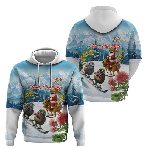 New Zealand and Australia Merry Christmas Hoodie Kiwi Birds Skiing and Koala Santa Riding Kangaroo