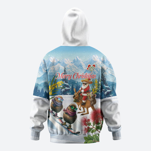 New Zealand and Australia Merry Christmas Hoodie Kiwi Birds Skiing and Koala Santa Riding Kangaroo