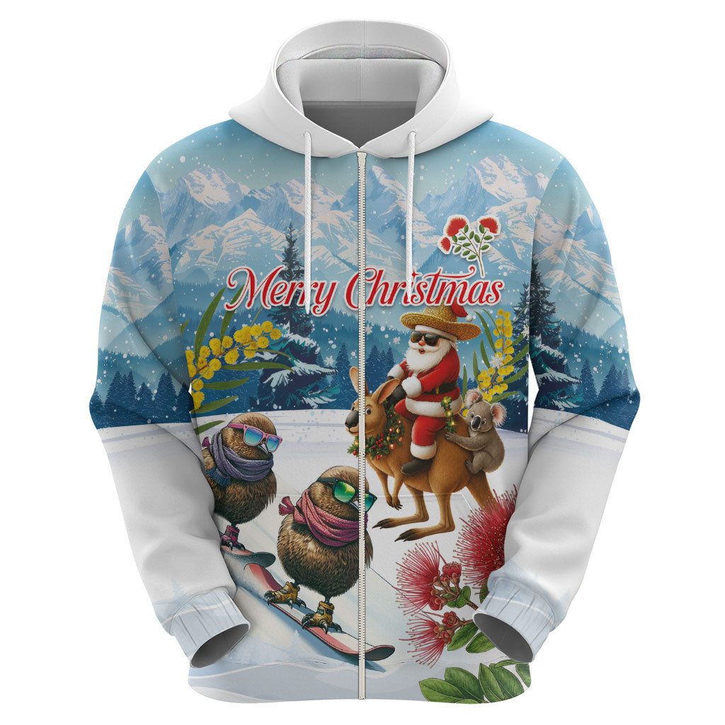 New Zealand and Australia Merry Christmas Hoodie Kiwi Birds Skiing and Koala Santa Riding Kangaroo
