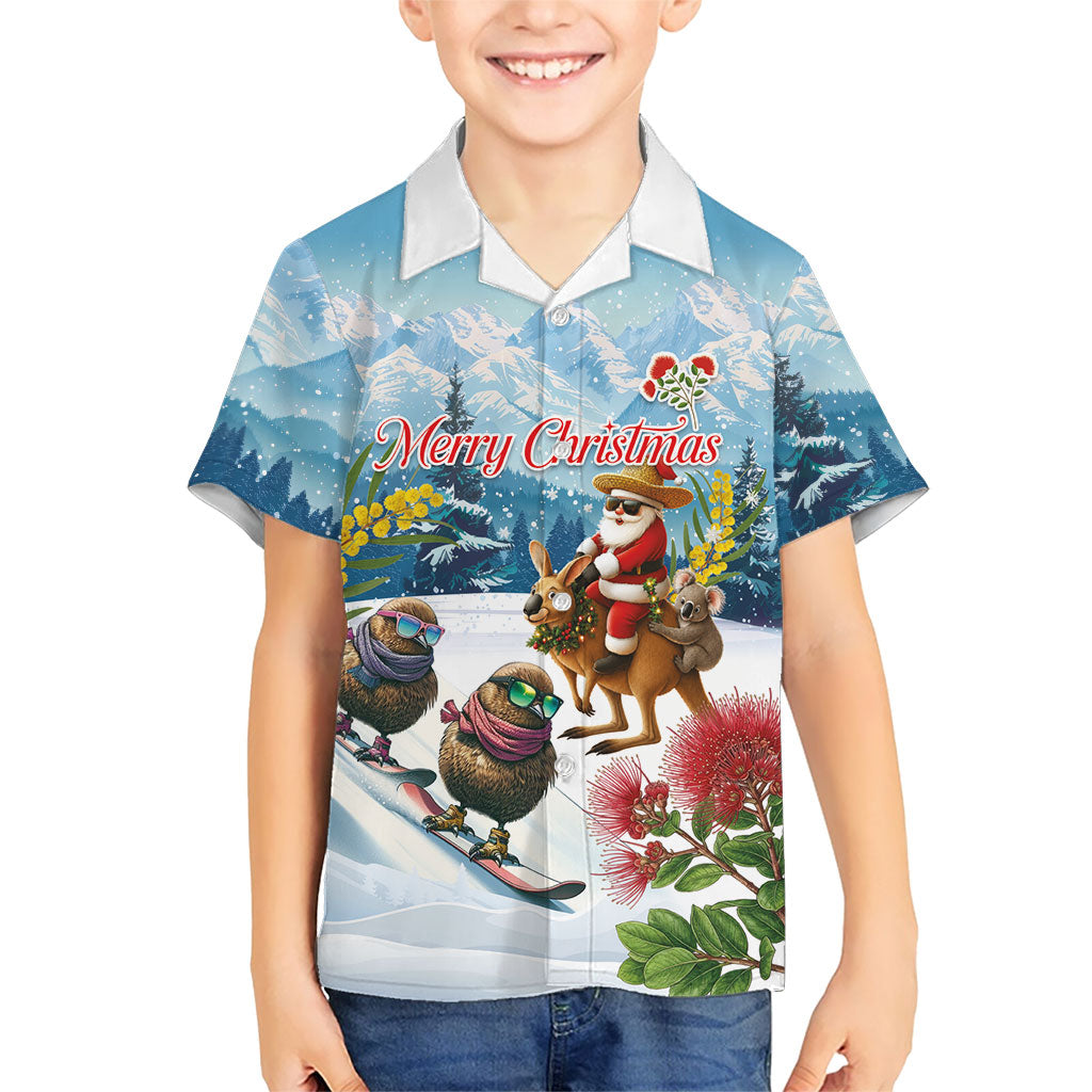 New Zealand and Australia Merry Christmas Kid Hawaiian Shirt Kiwi Birds Skiing and Koala Santa Riding Kangaroo