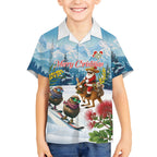 New Zealand and Australia Merry Christmas Kid Hawaiian Shirt Kiwi Birds Skiing and Koala Santa Riding Kangaroo