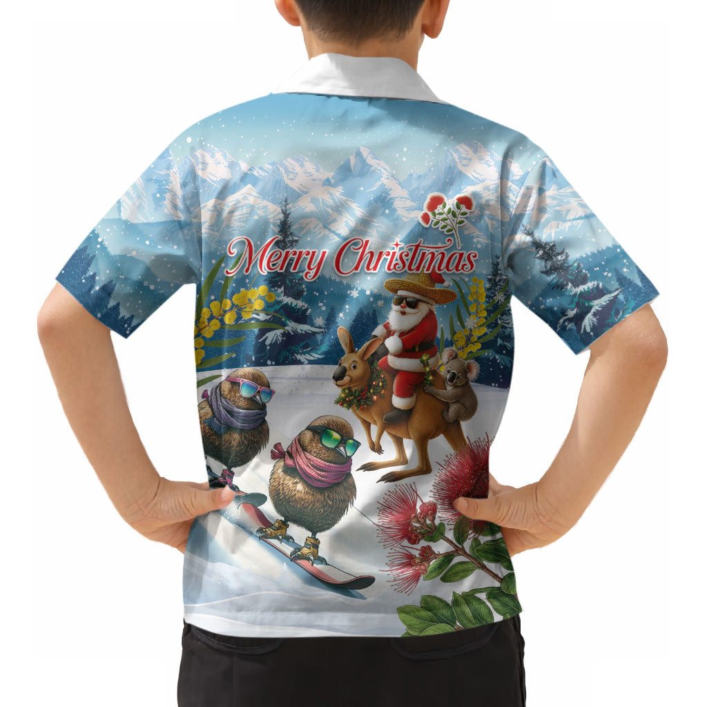New Zealand and Australia Merry Christmas Kid Hawaiian Shirt Kiwi Birds Skiing and Koala Santa Riding Kangaroo LT03