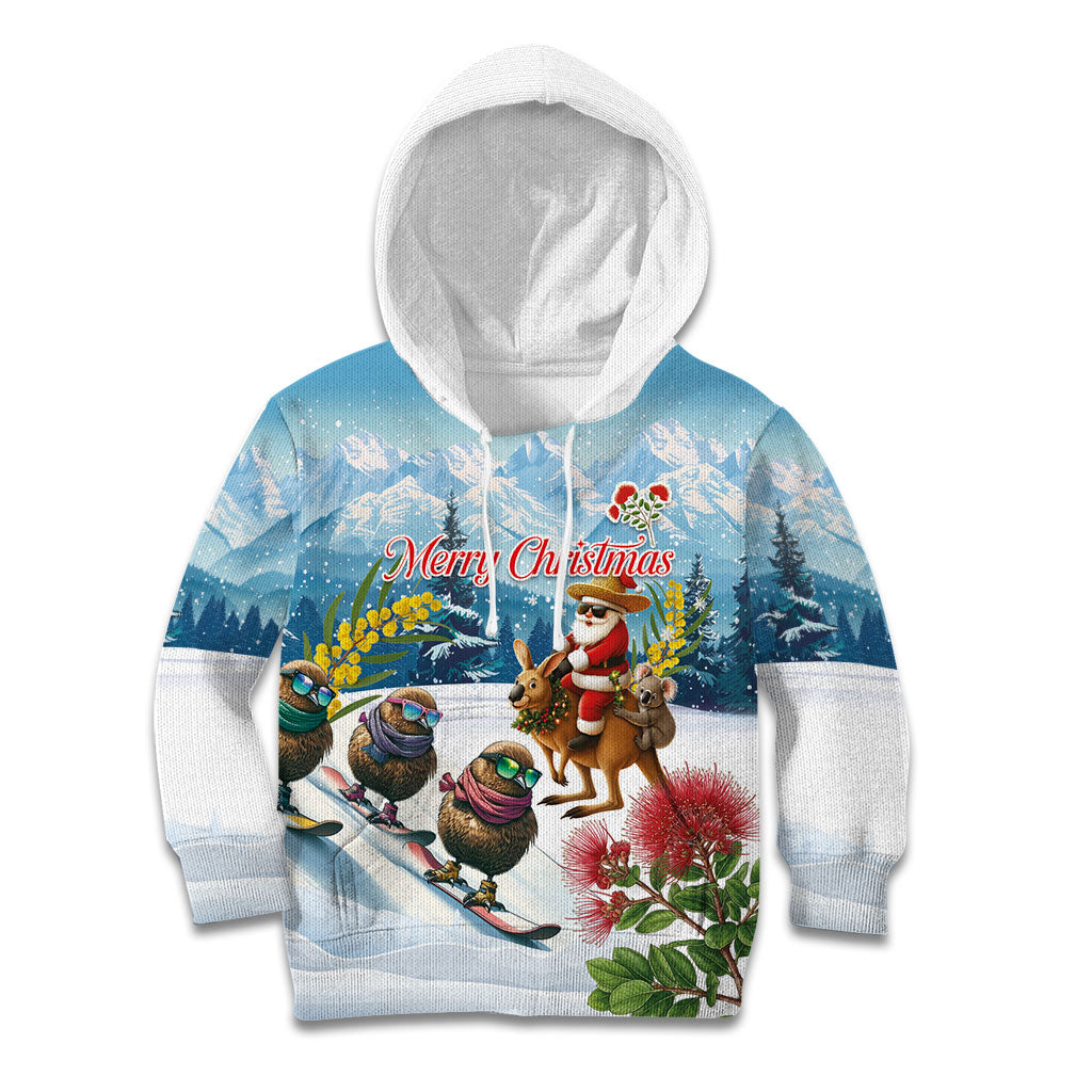 New Zealand and Australia Merry Christmas Kid Hoodie Kiwi Birds Skiing and Koala Santa Riding Kangaroo