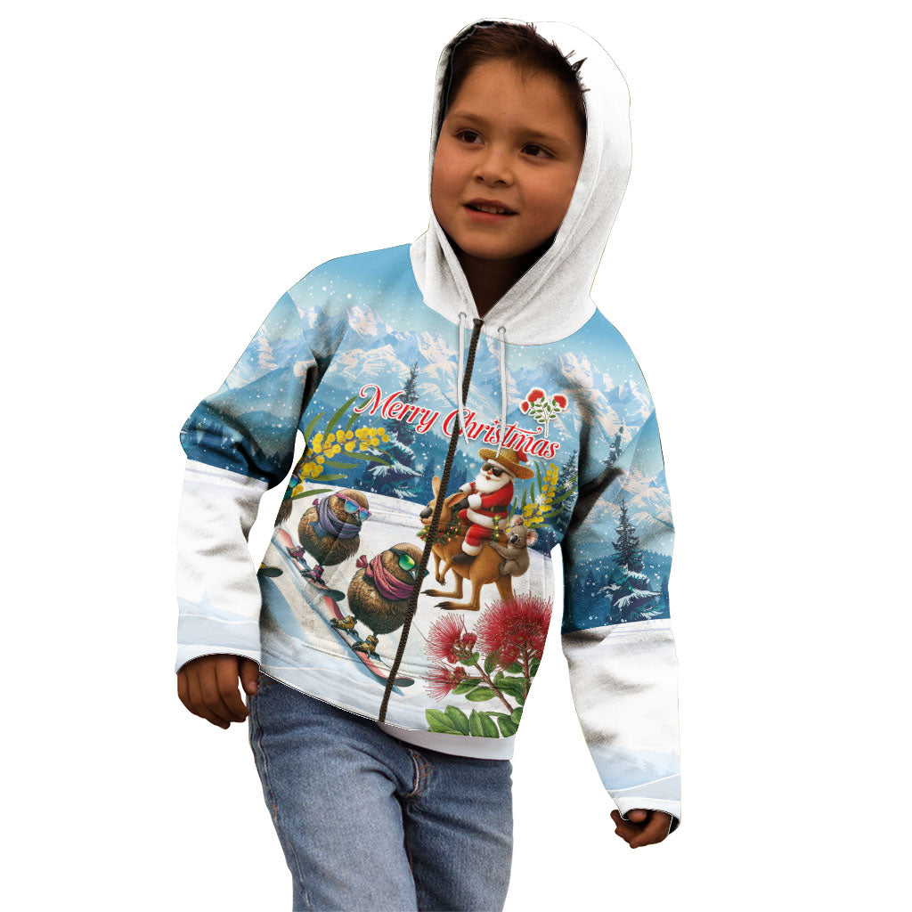 New Zealand and Australia Merry Christmas Kid Hoodie Kiwi Birds Skiing and Koala Santa Riding Kangaroo