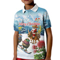 New Zealand and Australia Merry Christmas Kid Polo Shirt Kiwi Birds Skiing and Koala Santa Riding Kangaroo