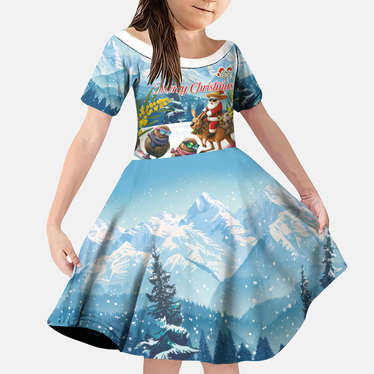 New Zealand and Australia Merry Christmas Kid Short Sleeve Dress Kiwi Birds Skiing and Koala Santa Riding Kangaroo