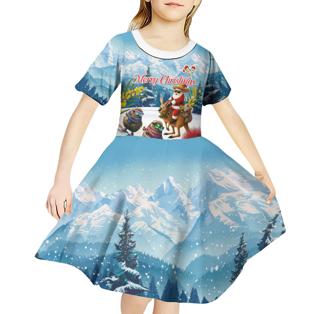 New Zealand and Australia Merry Christmas Kid Short Sleeve Dress Kiwi Birds Skiing and Koala Santa Riding Kangaroo