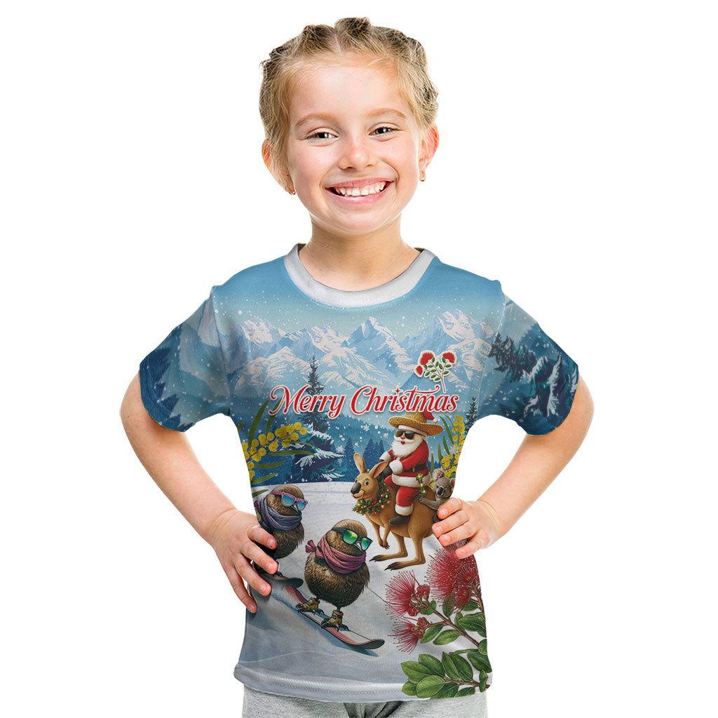 New Zealand and Australia Merry Christmas Kid T Shirt Kiwi Birds Skiing and Koala Santa Riding Kangaroo