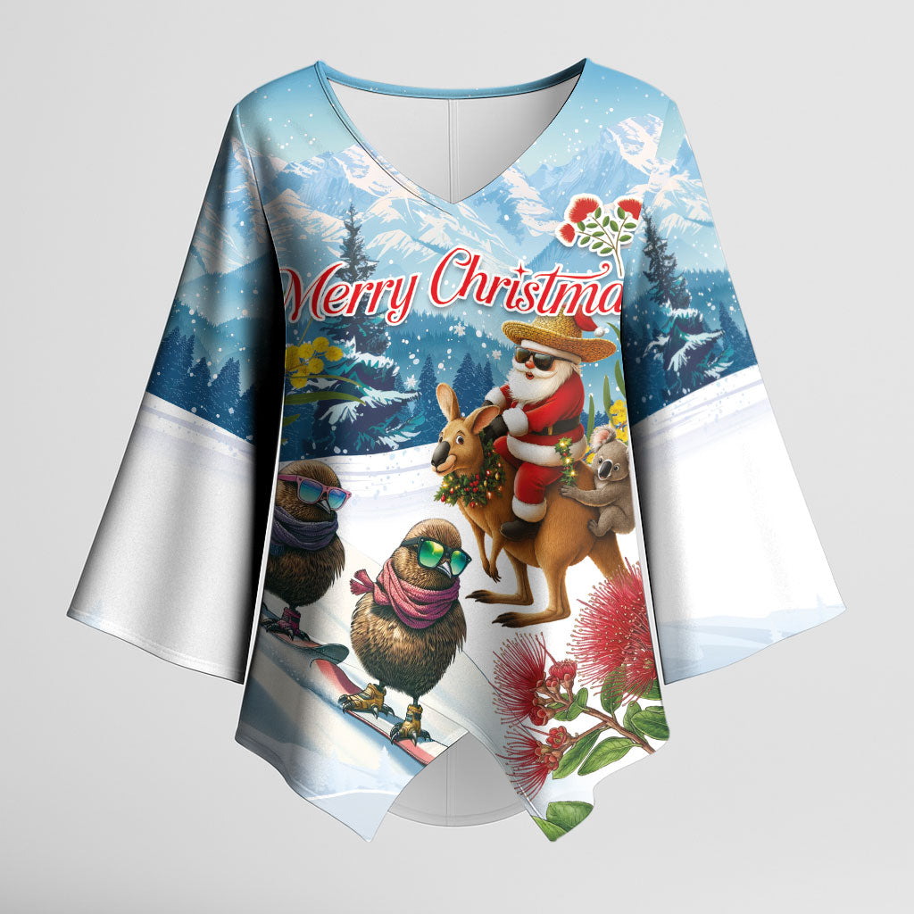 New Zealand and Australia Merry Christmas Kimono Sleeve Blouse Kiwi Birds Skiing and Koala Santa Riding Kangaroo
