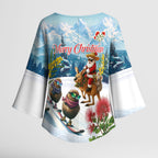 New Zealand and Australia Merry Christmas Kimono Sleeve Blouse Kiwi Birds Skiing and Koala Santa Riding Kangaroo