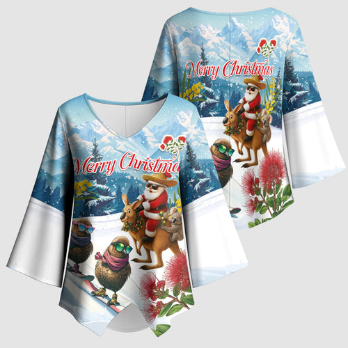 New Zealand and Australia Merry Christmas Kimono Sleeve Blouse Kiwi Birds Skiing and Koala Santa Riding Kangaroo