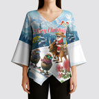 New Zealand and Australia Merry Christmas Kimono Sleeve Blouse Kiwi Birds Skiing and Koala Santa Riding Kangaroo