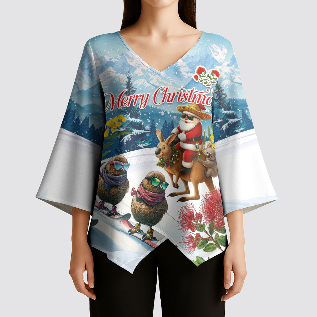 New Zealand and Australia Merry Christmas Kimono Sleeve Blouse Kiwi Birds Skiing and Koala Santa Riding Kangaroo