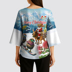 New Zealand and Australia Merry Christmas Kimono Sleeve Blouse Kiwi Birds Skiing and Koala Santa Riding Kangaroo