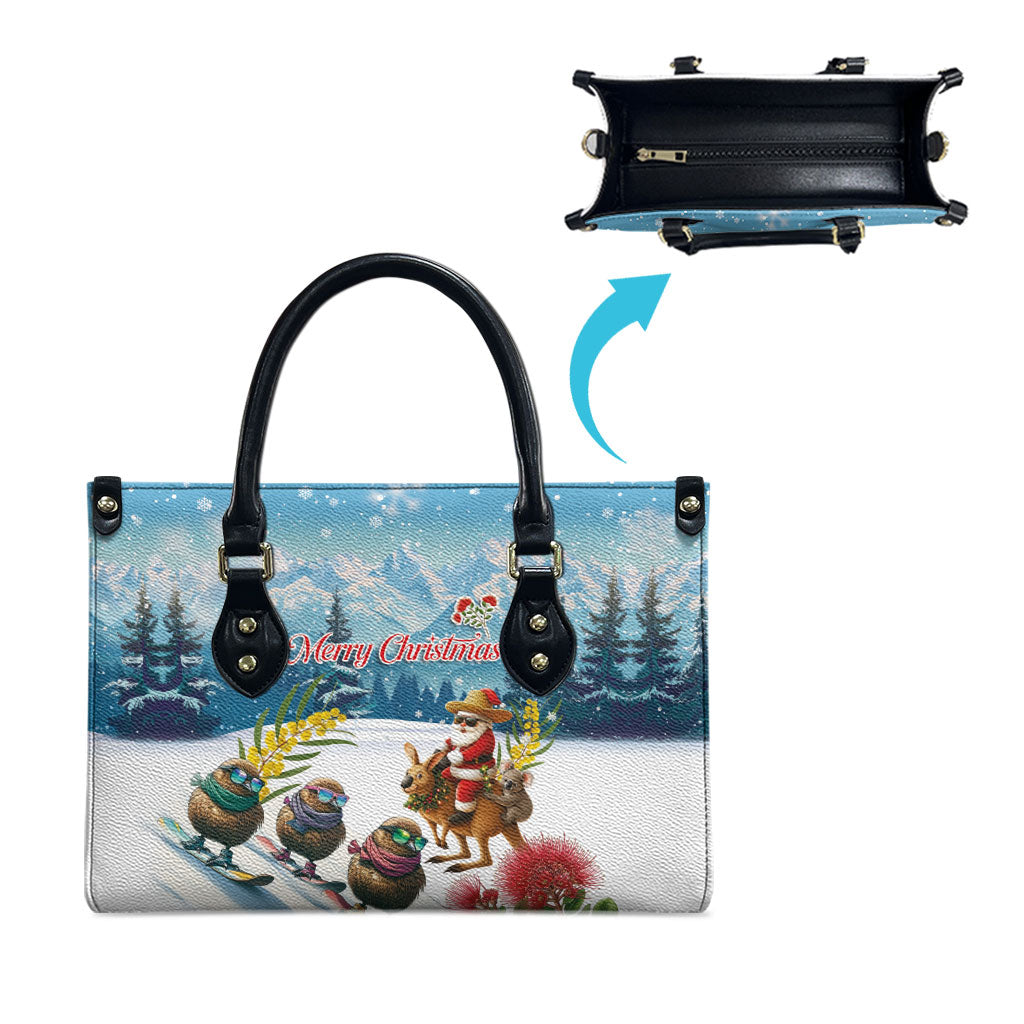 New Zealand and Australia Merry Christmas Leather Bag Kiwi Birds Skiing and Koala Santa Riding Kangaroo