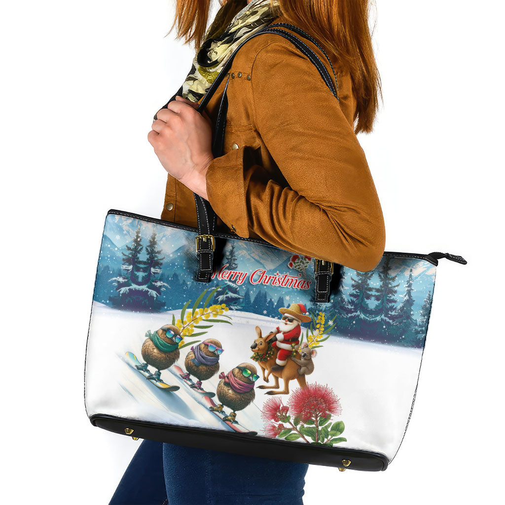 New Zealand and Australia Merry Christmas Leather Tote Bag Kiwi Birds Skiing and Koala Santa Riding Kangaroo