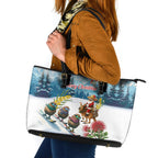 New Zealand and Australia Merry Christmas Leather Tote Bag Kiwi Birds Skiing and Koala Santa Riding Kangaroo