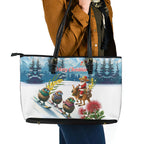 New Zealand and Australia Merry Christmas Leather Tote Bag Kiwi Birds Skiing and Koala Santa Riding Kangaroo