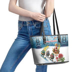 New Zealand and Australia Merry Christmas Leather Tote Bag Kiwi Birds Skiing and Koala Santa Riding Kangaroo